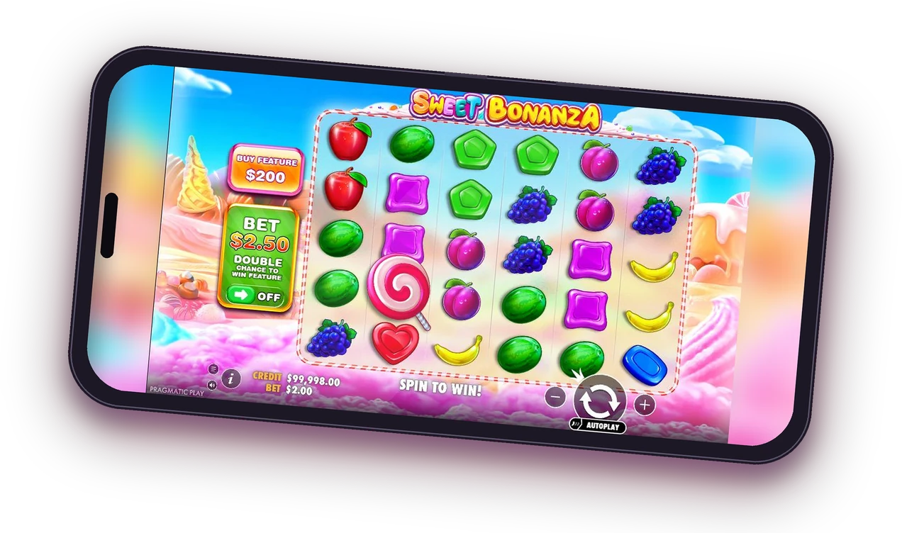 Sweet Bonanza game screen on a smartphone held in landscape mode