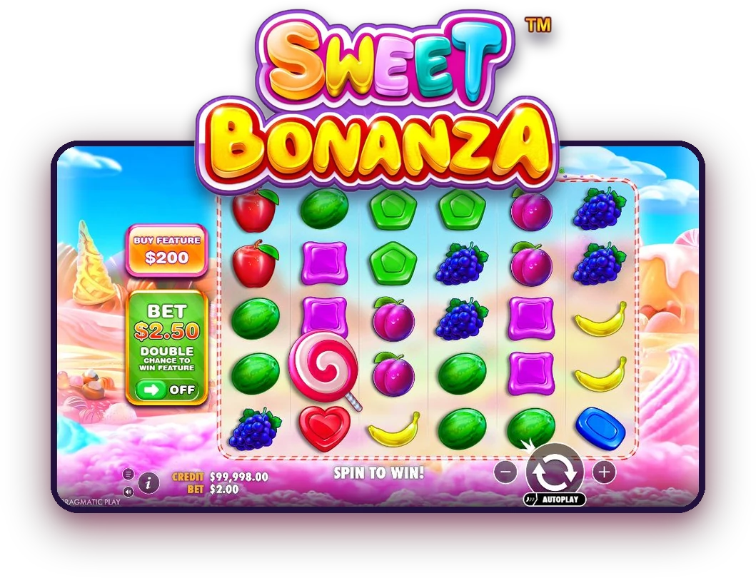 Sweet Bonanza logo above the slot's 6x5 game screen with Buy Feature and bet panels